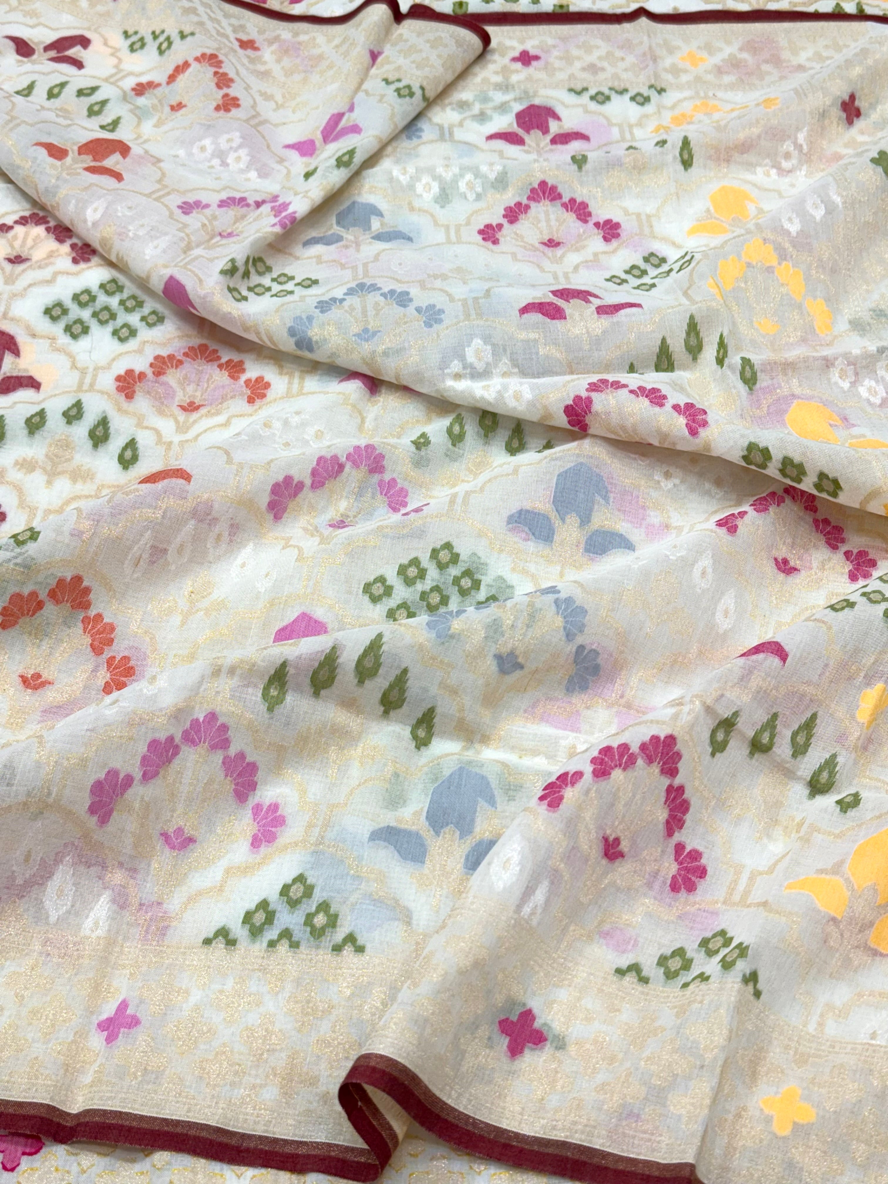 Pearl White Pure Muslin Cotton Jamdani Handloom Banarasi Dupatta