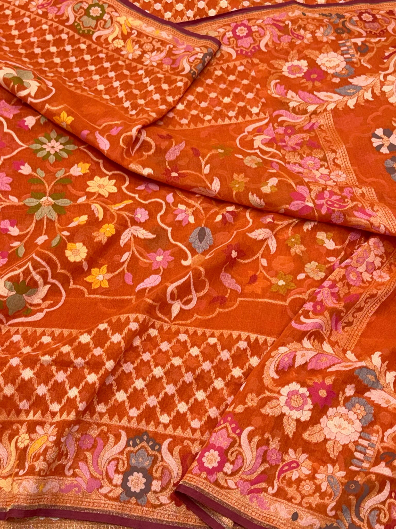 Orange Exclusive Ektara Jamdani Handloom Banarasi Saree | Pure Muslin Cotton Contemporary Banarasi Saree