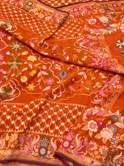 Orange Exclusive Ektara Jamdani Handloom Banarasi Saree | Pure Muslin Cotton Contemporary Banarasi Saree