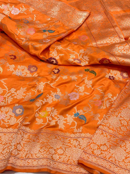 Orange Pure Double Katan Silk Handwoven Banarasi Saree | Kadhwa Technique  Tradition Meets Luxury