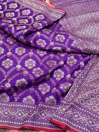 Purple Pure Mulberry Katan Silk Jamdani Handwoven Banarasi Saree- Ektara Weave