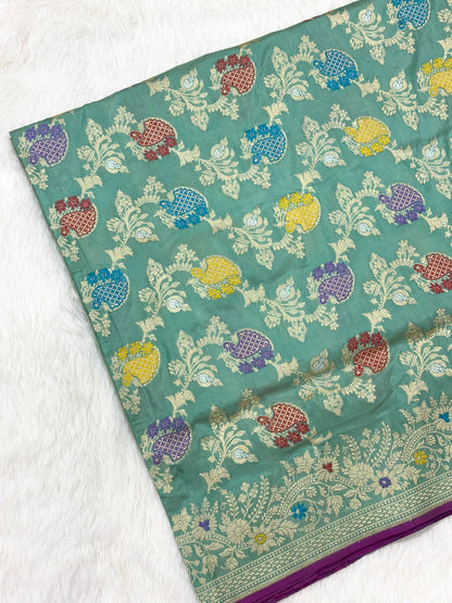 Sea Green Pure Katan Silk Handwoven Banarasi Saree |Kadhuwa Weave|