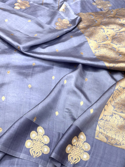 Lilac Blue Pure Raw Mango Silk Handwoven | Kadhwa Technique | Soft Drape Lightweight Saree