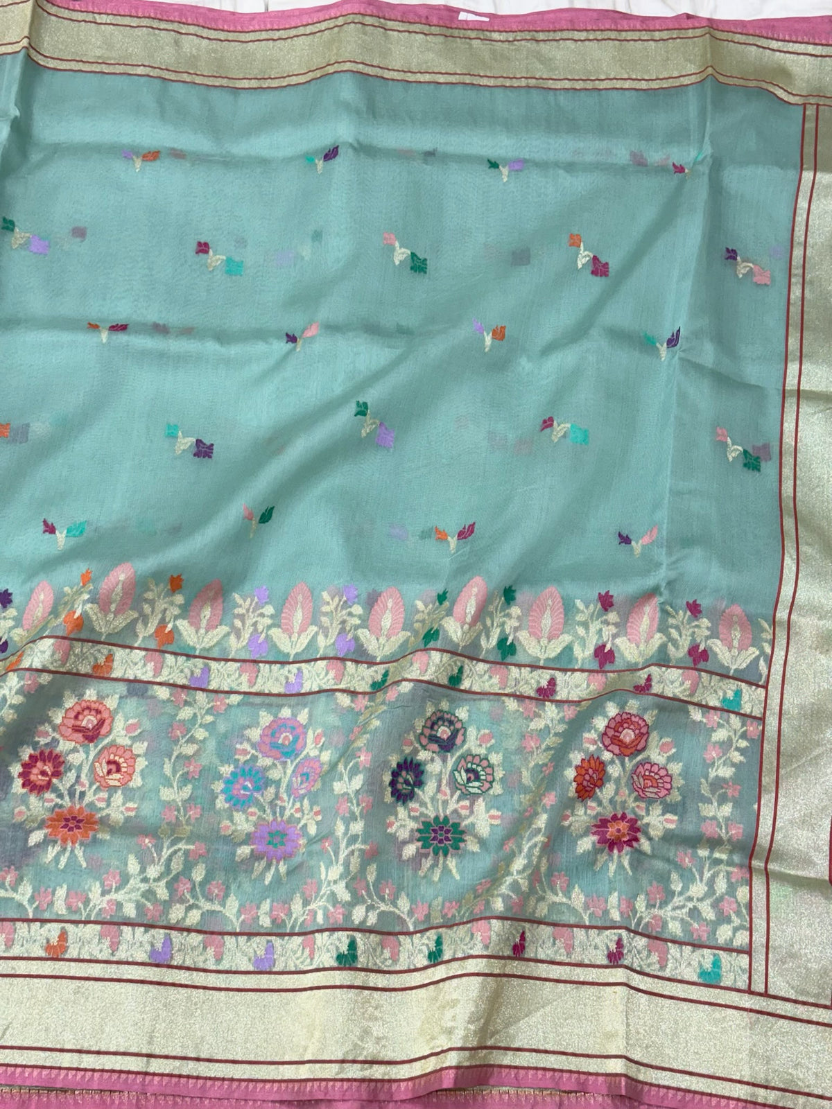 Aqua Blue Pure Kora Silk Jamdani Handwoven Banarasi Saree - Pure Mulberry Silk Skirt Border Saree