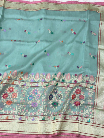 Aqua Blue Pure Kora Silk Jamdani Handwoven Banarasi Saree - Pure Mulberry Silk Skirt Border Saree