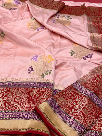 Powder Pink Pure Katan Mulberry Silk Handwoven Banarasi Saree - The Statement Six Yards