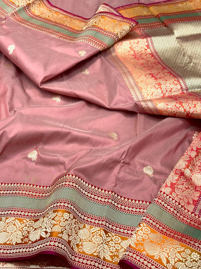 Dusty Rose Gold Pure Katan Mulberry Silk Handwoven Banarasi Saree | Kadhwa Weave