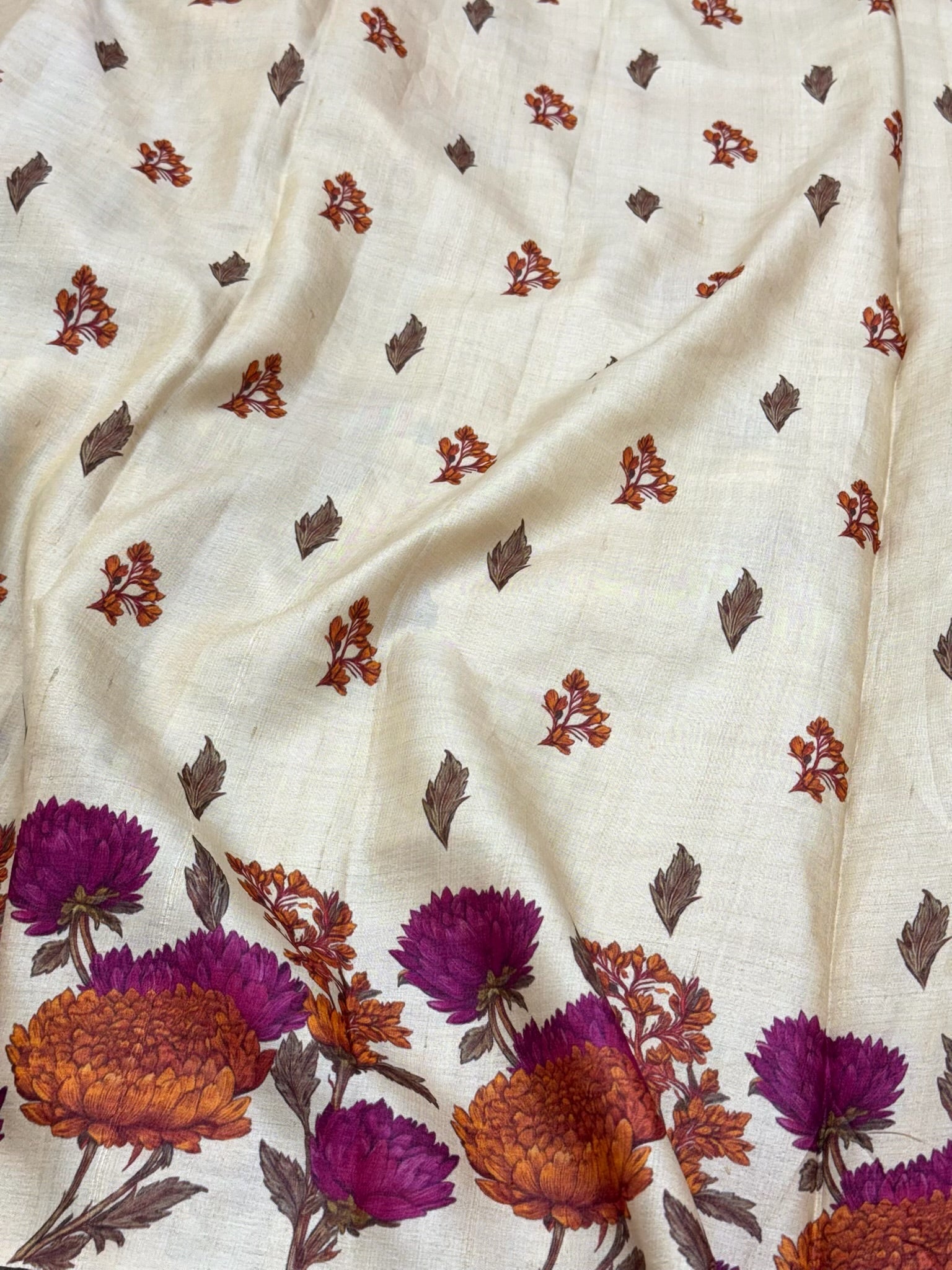 Ivory Pure Tussar Silk Handloom Printed with Embroidery Banarasi Saree - Soft Lightweight Banarasi Saree