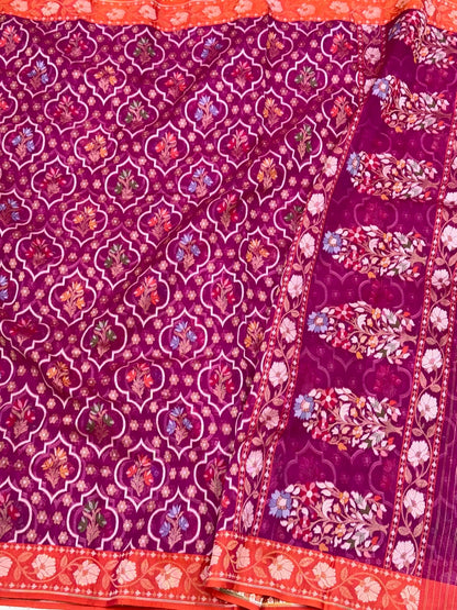 Magenta Pure Kora Ektara Silk Handloom Banarasi Saree