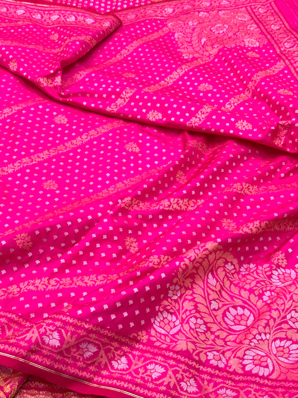 Hot Pink Pure Double Katan Silk Handloom Banarasi Saree- Ektara Weave