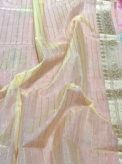 Onion Pink Pure Kora Mulberry Silk | Kadhwa Technique | Handwoven Lighweight Banarasi Saree