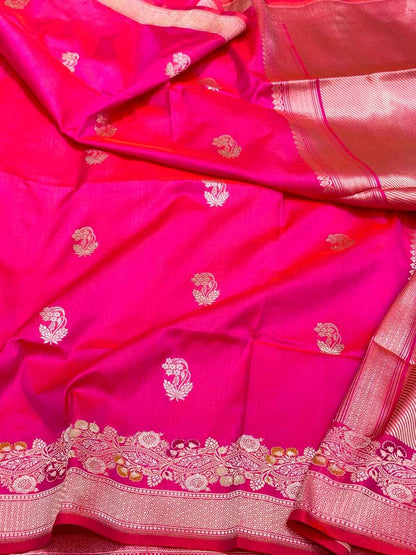 Reddish Pink Pure Mulberry Katan Silk Handwoven Banarasi Saree With Kadhwa Technique