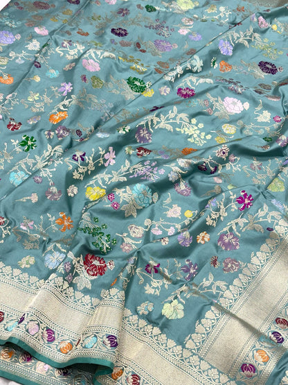 Dusty Teal Green Luxury Banarasi Saree | Pure Mulberry Silk & Pure Double Katan Silk - Kadhwa Banarasi Saree