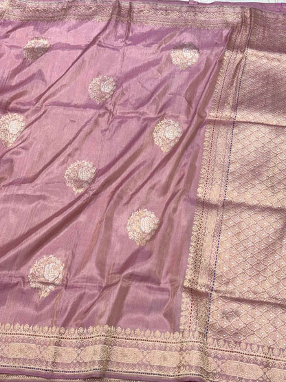 Mauve Pink Pure Mulberry Katan Tissue Silk Handwoven Banarasi Saree - Kadhwa Weave