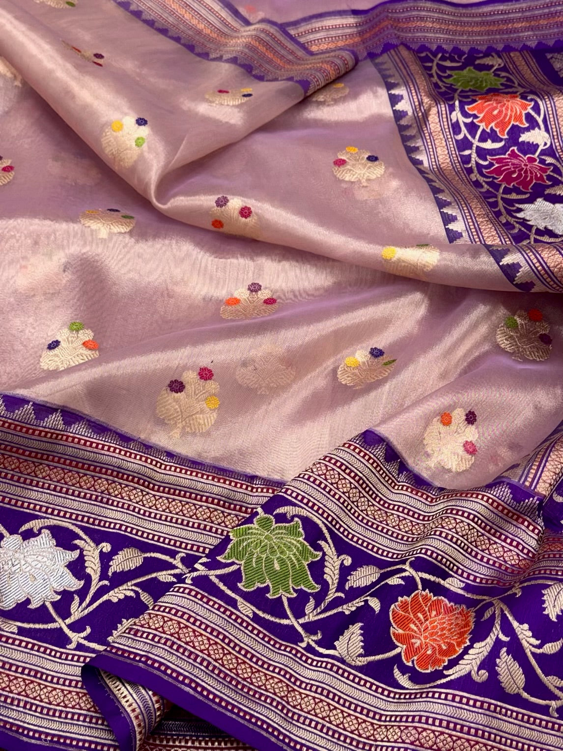 Rose Gold Pure Kora Silk & Pure Tissue Silk Handwoven Banarasi Saree