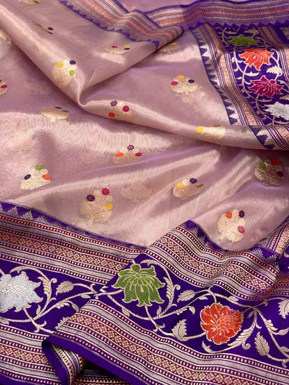 Rose Gold Pure Kora Silk & Pure Tissue Silk Handwoven Banarasi Saree