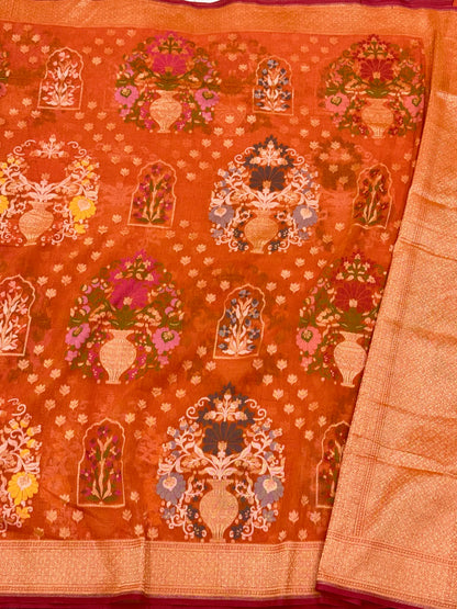 Orange Pure Muslin Cotton Jamdani Handloom Banarasi Saree - Ektara Weave
