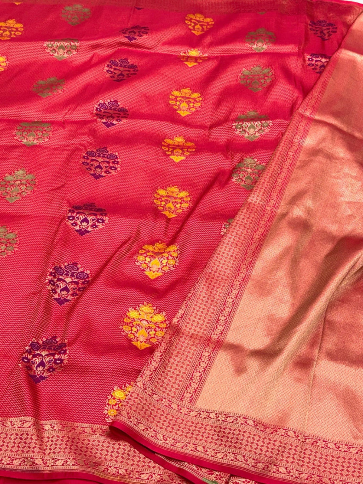 Reddish Pink Pure Katan Silk Handloom Banarasi Brocade Saree