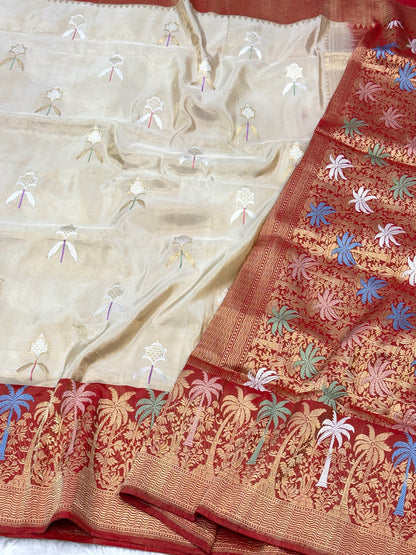 Ivory Pure Katan Tissue Silk Handwoven Banarasi Saree