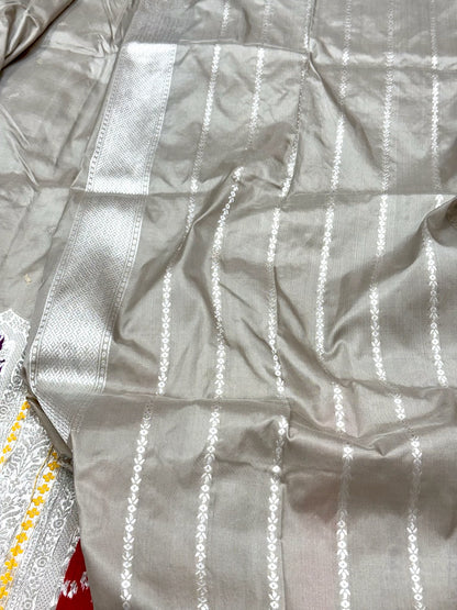 Ash Gray Pure Katan Mulberry Silk Handwoven -Kadhwa Technique Banarasi Saree | The Beauty Of Authentic Handweaving