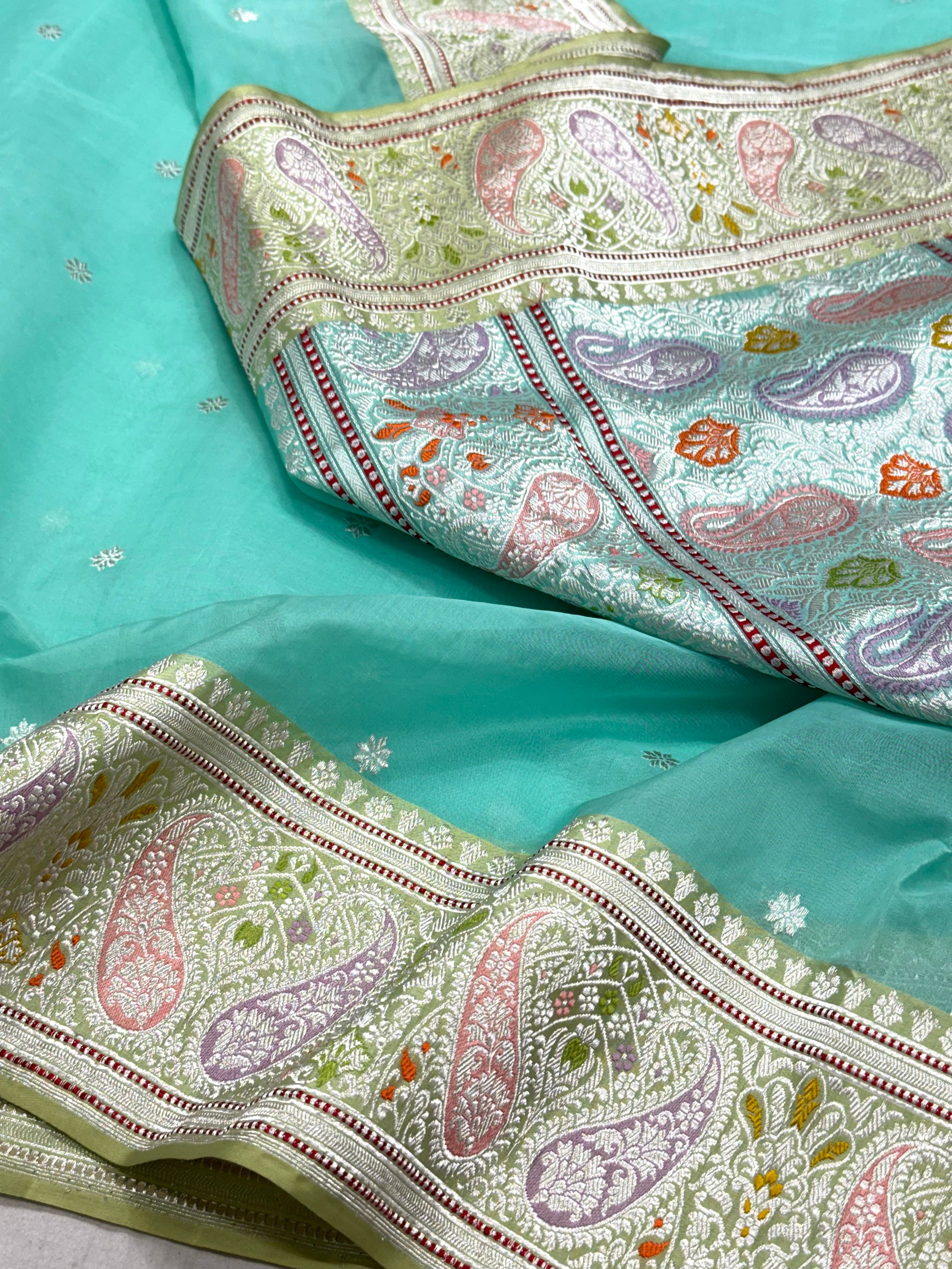 Aqua Green Pure Mulberry Kora Silk Handwoven Banarasi Saree