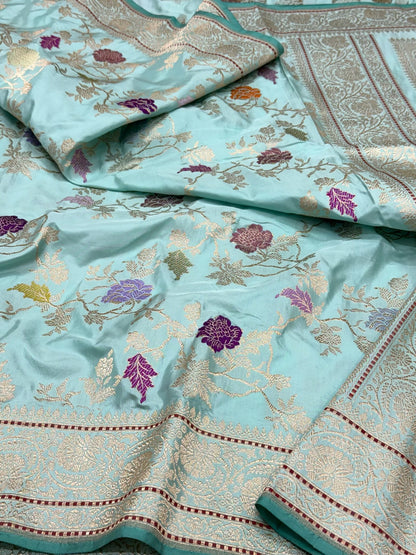 Sky Blue Premium Banarasi Handwoven | Kadhwa Technique | Pure Double Katan Mulberry Silk Saree