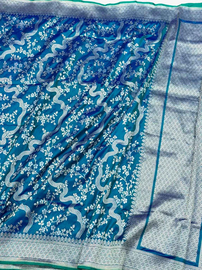 German Blue Pure Katan Mulberry Silk Handloom Banarasi Silk Saree