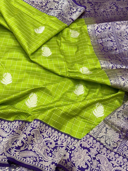 Green Handwoven Banarasi Checks Saree | Pure Mulberry Katan Silk - Contemporary Kadhwa Banarasi Saree