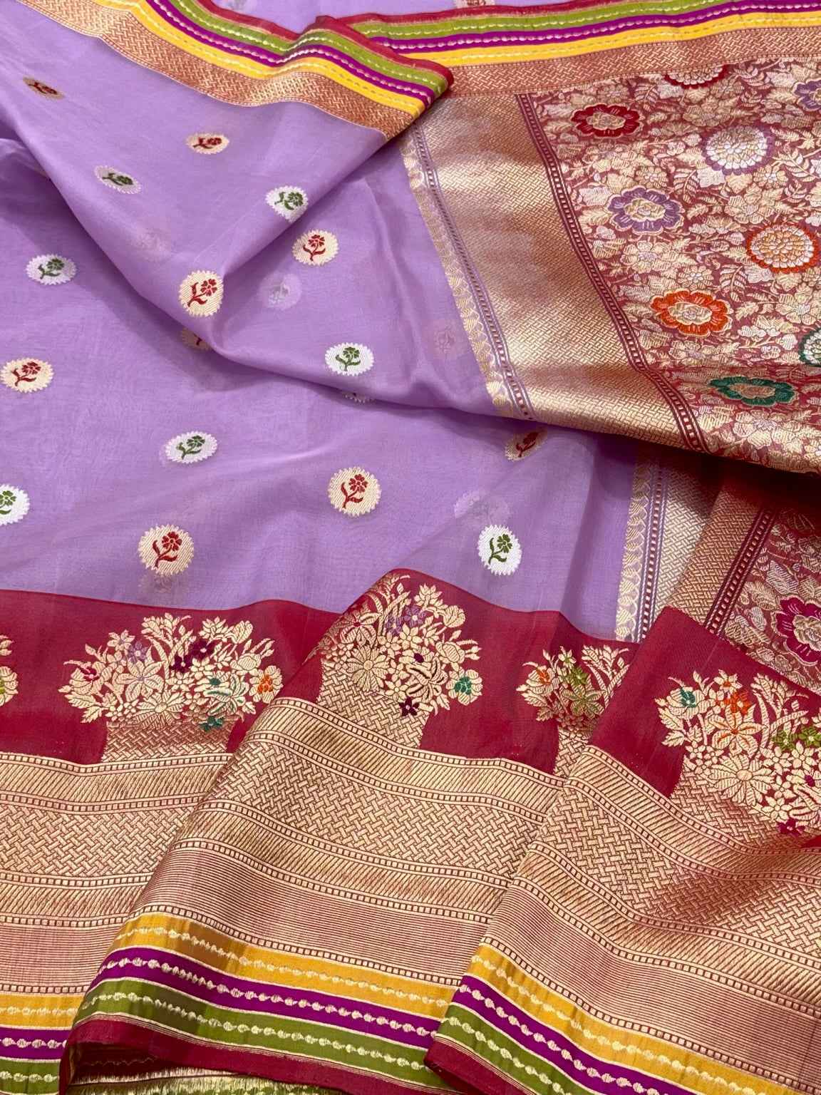 Lavender Pure Mulberry Kora Silk Handwoven | Kadhwa Technique | Authentic Banarasi Saree