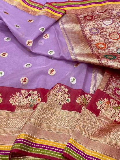 Lavender Pure Mulberry Kora Silk Handwoven | Kadhwa Technique | Authentic Banarasi Saree