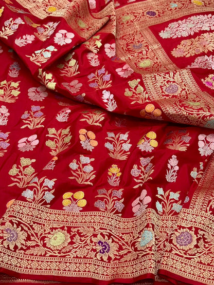 Deep Red Double Katan Silk Handwoven Saree