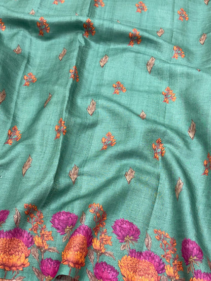 Sea Green Pure Tussar Silk Handloom Printed with Embroidery Banarasi Saree - Soft Lightweight Banarasi Saree