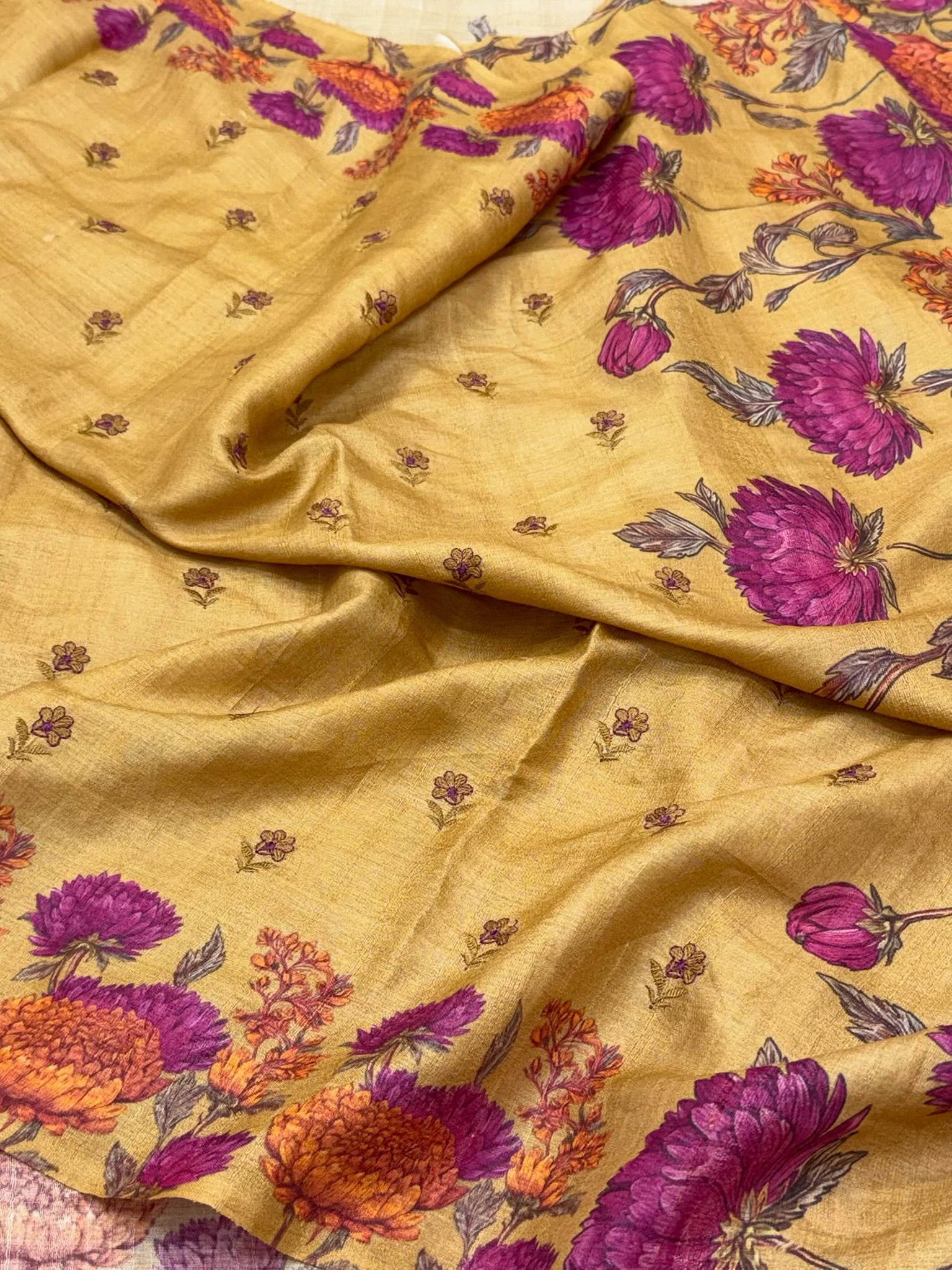 Mustard Yellow Pure Tussar Silk Handloom Printed with Embroidery Banarasi Saree - Soft Lightweight Banarasi Saree