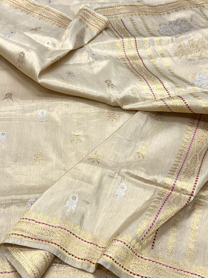 Ivory Pure Katan Tissue Silk Handwoven Banarasi Saree |Ektara Weave|