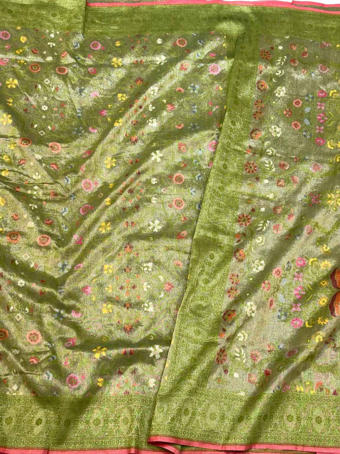 Green Pure Muslin Cotton Tissue Silk Jamdani Handloom Modern Banarasi Lightweight Saree
