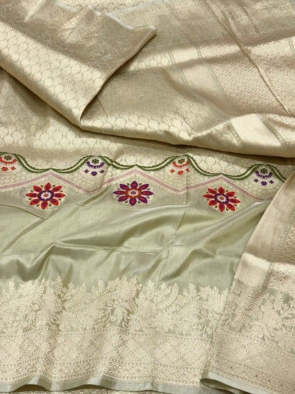 Light Pista Green Exclusive Banarasi Contemporary Saree | Pure Katan Mulberry Silk - Kadhwa Technique Handwoven Banarasi Saree