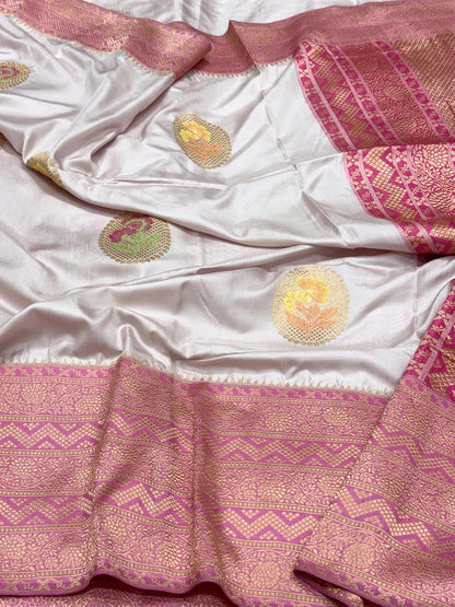 Off White Pure Katan Mulberry Silk Handwoven Banarasi Saree - Kadhwa Kadhiya Ektara Weave | The Elite Edit