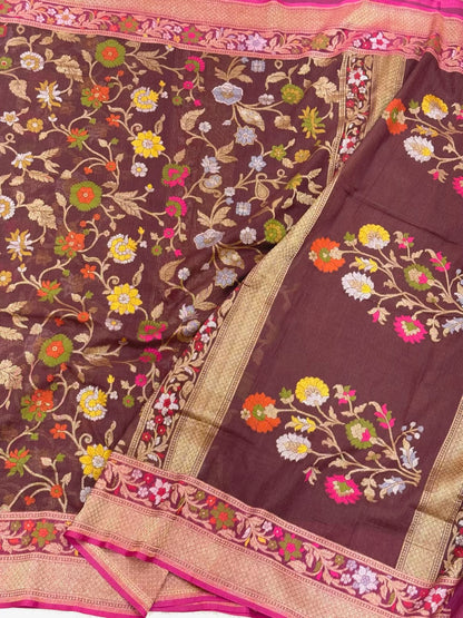 Chocolate Brown Pure Muslin Cotton Jamdani Handloom Banarasi Saree |Ektara Weave|