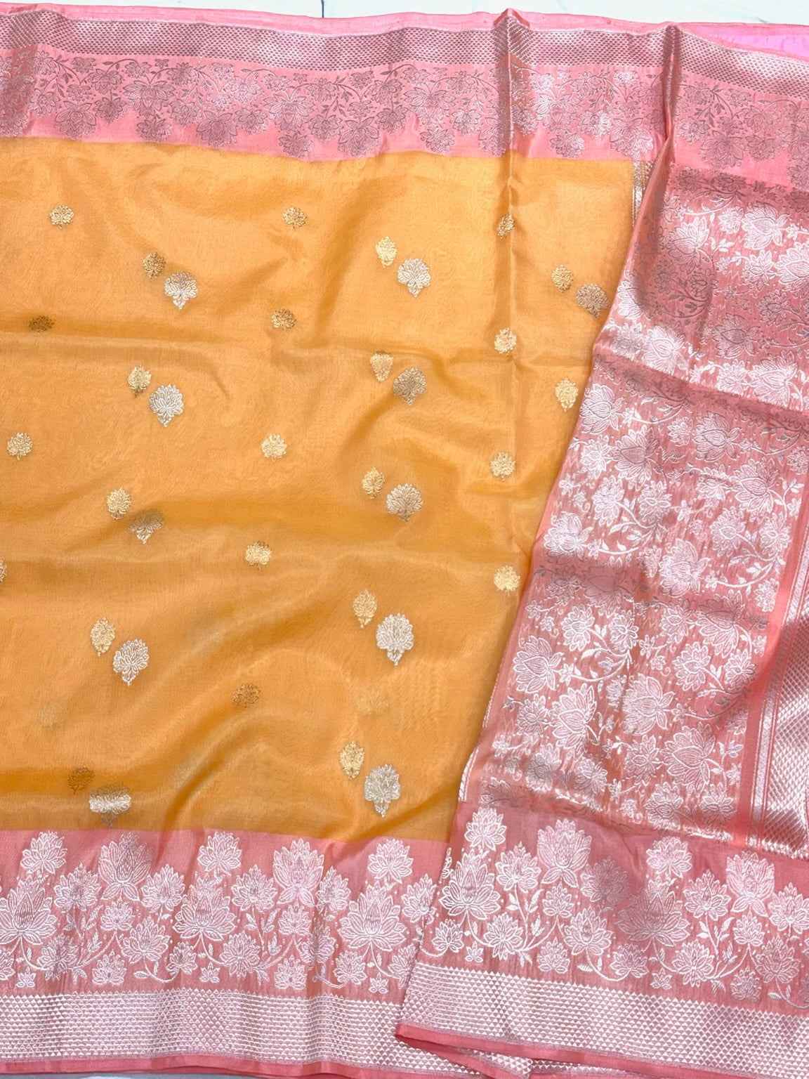 Orange Pure Kora Silk Handwoven Banarasi Saree With Kadhwa + Kadhiyal Weave