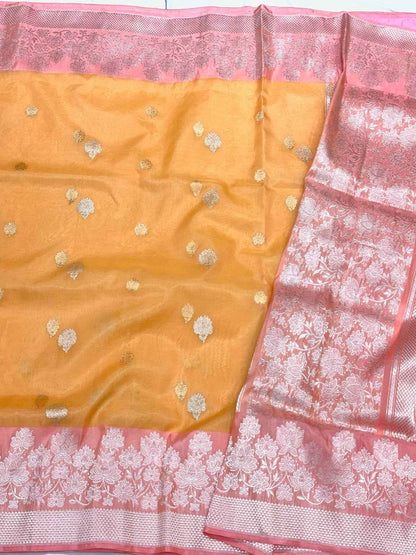 Orange Pure Kora Silk Handwoven Banarasi Saree With Kadhwa + Kadhiyal Weave