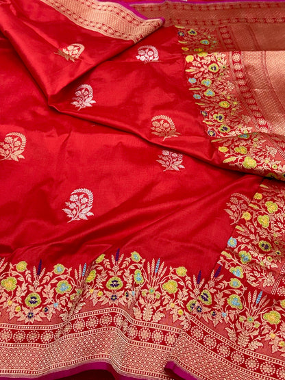 Red Pure Mulberry Silk & Pure Katan Silk | Kadhwa Weave | Handwoven Banarasi Saree
