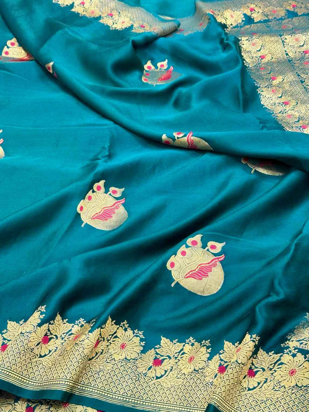 Teal Green Banarasi Saree |  Kadhwa Weave | Pure Mushru Satin Silk - Handwoven Banarasi Silk Saree