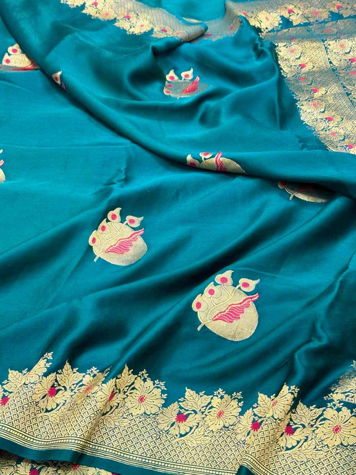 Teal Green Banarasi Saree |  Kadhwa Weave | Pure Mushru Satin Silk - Handwoven Banarasi Silk Saree