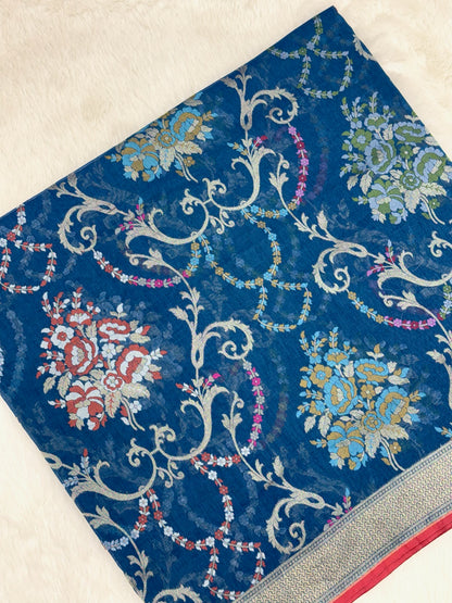 Blue Pure Muslin Cotton Jamdani Ektara Weave Handloom Banarsi Saree