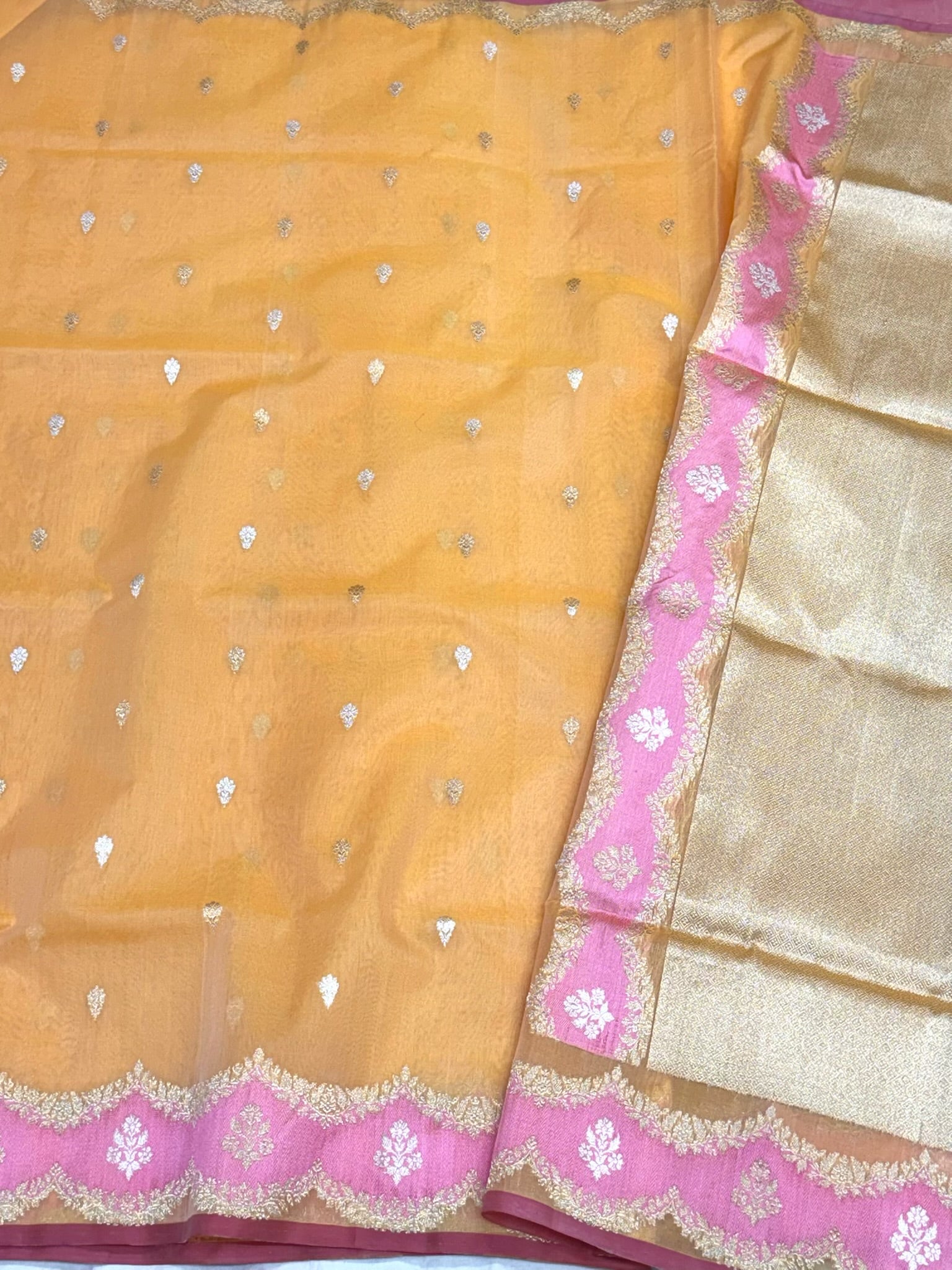 Light Orange Pure Kora Mulberry Silk | Kadhwa Technique | Handwoven Banarasi Saree