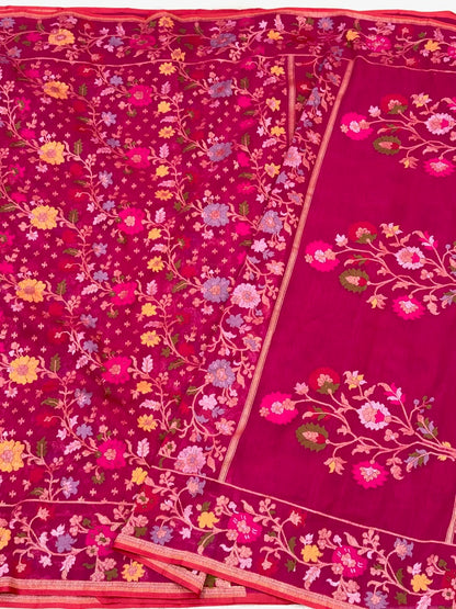Pink Pure Muslin Cotton Jamdani Ektara Weave Handloom Banarasi Saree