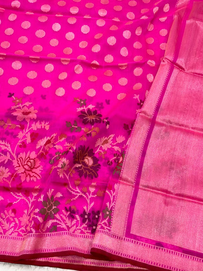 Fluorescent Pink Pure Kora Organza Silk Handwoven Banarasi Saree
