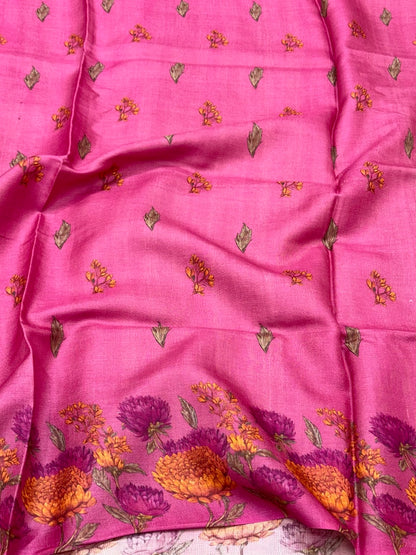 Fluorescent Pink Pure Tussar Silk Handloom Printed Banarasi Saree - Soft Lightweight Banarasi Saree