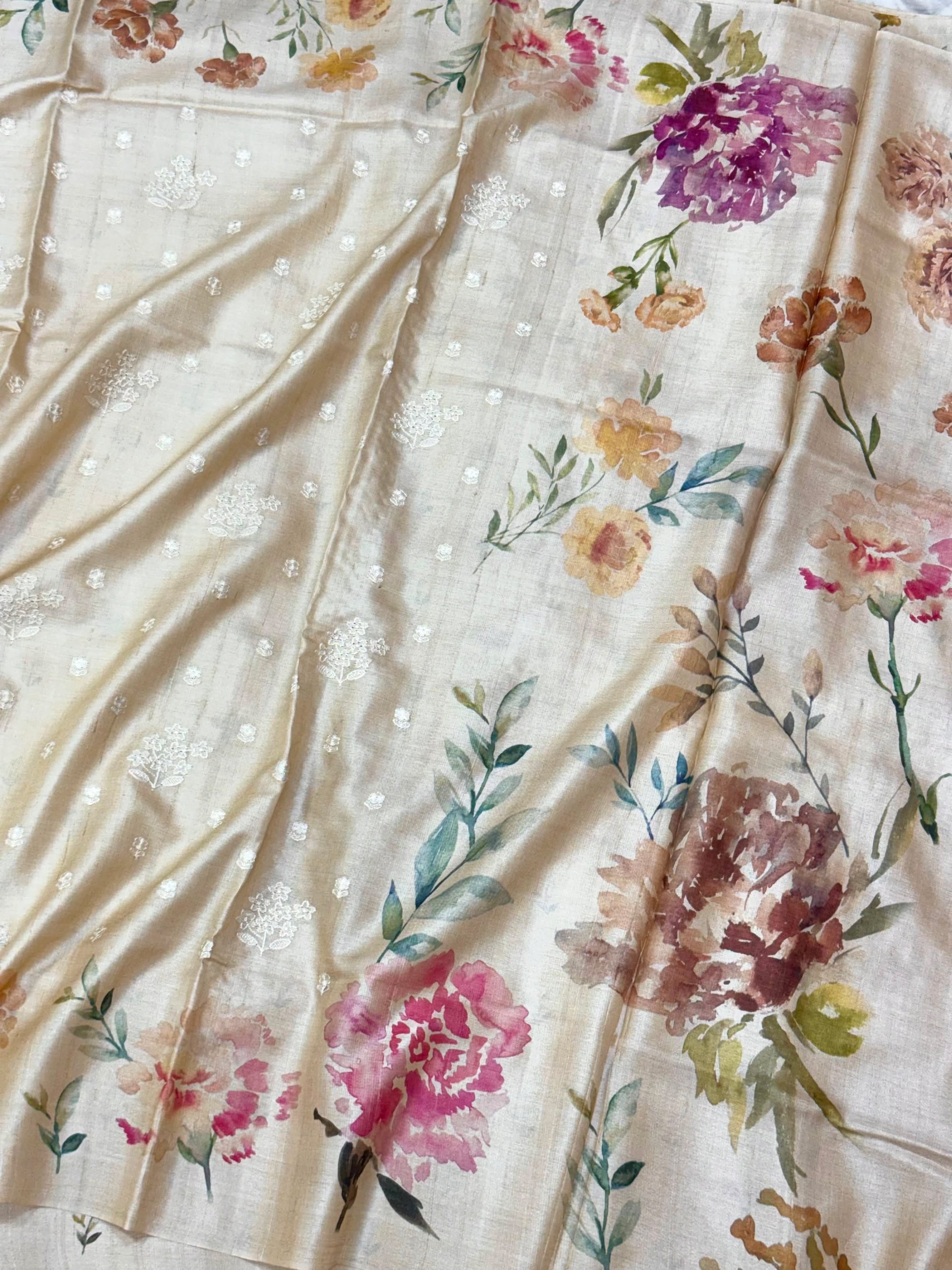 Ivory Pure Tussar Silk Handloom Printed with Embroidery Banarasi Saree - Soft Lightweight Banarasi Saree
