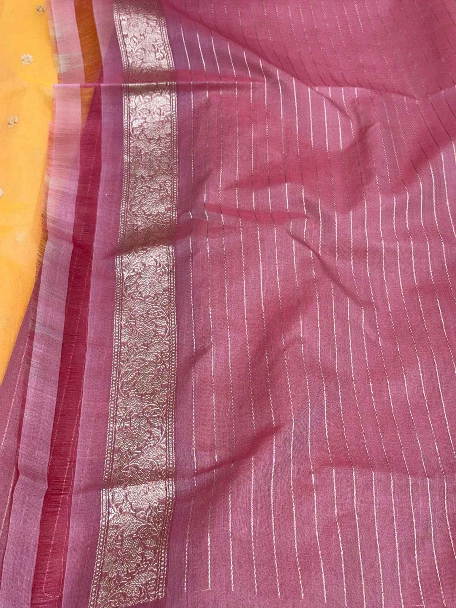 Light Orange Pure Kora Mulberry Silk | Kadhwa Technique | Handwoven Banarasi Saree